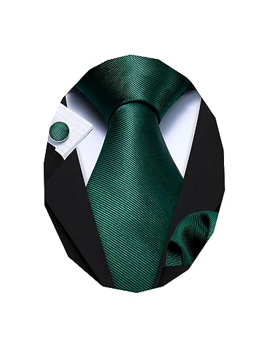 Barry.Wang Emerald Green Man Tie Set Solid Silk Necktie Cufflinks Handerchief Stain Formal St. Patrick's Day