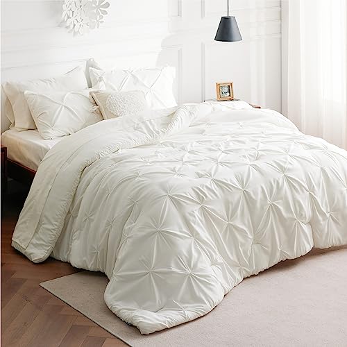 Bedsure King Size Comforter Set - Bedding Set King 7 Pieces, Pintuck Bed in a Bag Ivory Bed Set with Comforter, Sheets, Pillowcases & Shams