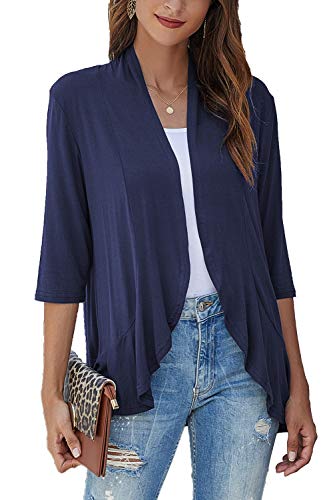 Bluetime Women's Spring Lightweight Duster Sweaters Solid Kimono Cardigan Irregular 3/4 Sleeve Cardigan Sweater (XL,Navy Blue)