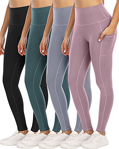 YOUNGCHARM 4 Pack Leggings with Pockets for Women,High Waist Tummy Control Workout Yoga Pants BlackPinkTealBlue-L