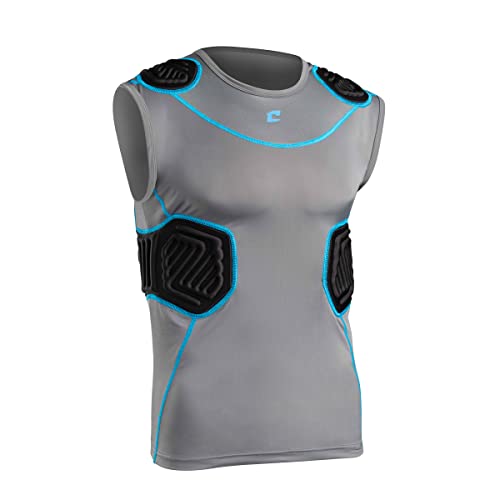 CHAMPRO Youth Bull Rush Football Compression Shirt with Integrated Cushion System, Charcoal, Optic Blue Trim, Large