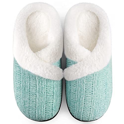 Green Fuzzy Slippers for Women House Slip on Indoor Outdoor Bedroom Furry Fleece Lined Ladies Comfy Memory Foam Female Home Shoes Anti-Skid Rubber Hard Sole Size 7-8