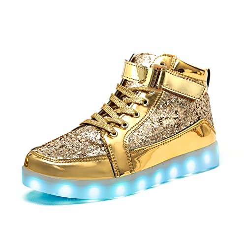 IGxx LED Light Up Shoes for Men USB Recharging High Top LED Sneakers Women Kids Glitter Gold