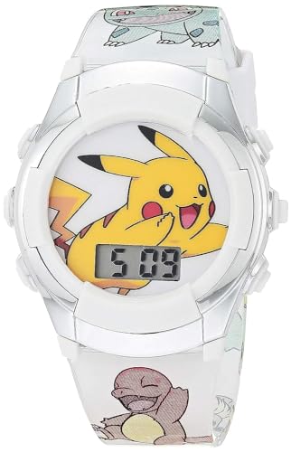 Accutime Kids Pokemon Pikachu Digital LCD Quartz White Wrist Watch with White Strap, Cool Inexpensive Gift & Party Favor for Boys, Girls, Adults All Ages (Model: POK4240AZ)