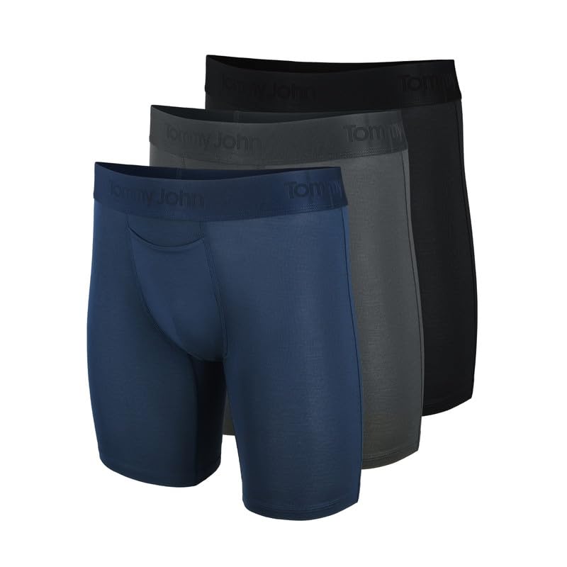 Tommy John Men’s Boxer Briefs 8” Underwear - Second Skin Boxers with Supportive Contour Pouch - Barely-there Stretch Fabric, 3 pack, Black/Turbulence/Dress Blues, Large