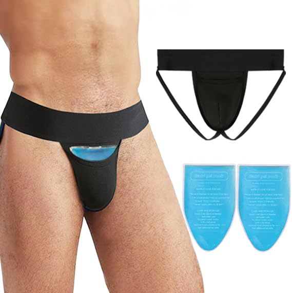 SAVOVUX Vasectomy Jockstrap,With 2 Flexible Ice Packs,Athletic Supporters JockStraps For Testicular Support and Pain Relief,Vasectomy Gift for Men (Medium) Black