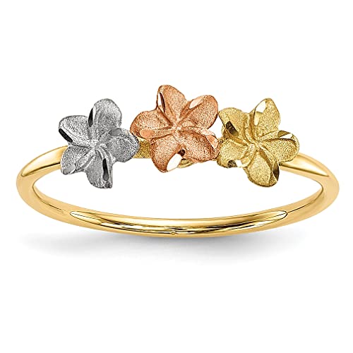 14k Two Tone Gold White 3 Flower Ring Leaf Fine Jewelry For Women Gifts For Her