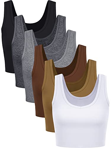 6 Pieces Women Basic Crop Tank Tops Sleeveless Short Sport Crop Top(Retro Style,Medium)