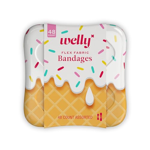 Welly Bandages | Adhesive Flexible Fabric Bravery Badges | Assorted Shapes for Minor Cuts, Scrapes, and Wounds | Colorful and Fun First Aid Tin | Ice Cream Patterns - 48 Count