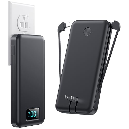 Portable Charger with Built-in Cables & AC Wall Plug,Ultra Slim 13800mAh USB-C Power Bank, 4 Output LCD Display External Battery Pack Phone Charger Compatible with iPhone 15/14/13 Samsung Android etc