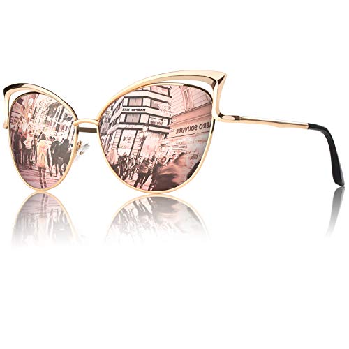 GQUEEN Trendy Oversized Sunglasses Women Polarized Cat Eye Mirrored Reflective Cute Rose Gold Pink UV400 Protection