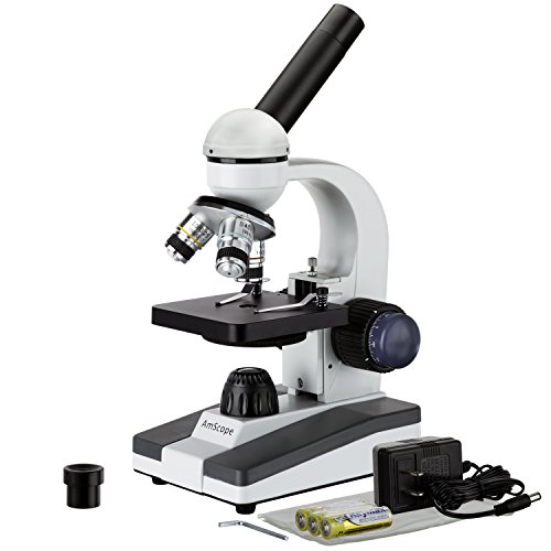 AmScope M150C-I 40X-1000X All-Metal Optical Glass Lenses Cordless LED Student Biological Compound Microscope, Silver, White, Black