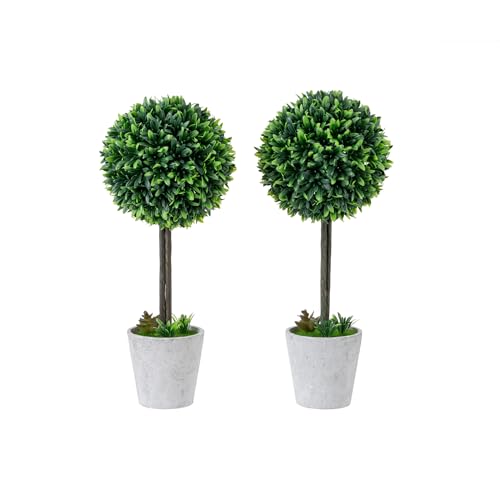 MyGift Artificial Boxwood Topiary Trees, Fake Plants Decor - 12 Inch Faux Tabletop Decorative Small House Plant with Gray Ceramic Pots, Set of 2