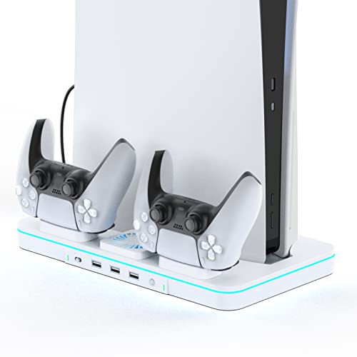 CODOGOY Upgraded PS5 Cooling Stand with Controller Charger, Cooling Station for PS5 Disc & Digital Editions, 2 Levels Adjustable Fans Speed, PS5 Charging Docking Station with 3 USB Ports (White)