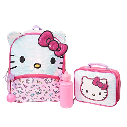 AI ACCESSORY INNOVATIONS Hello Kitty Girls 4 Piece Backpack Set, Iridescent Flip Sequin 16' School Bag