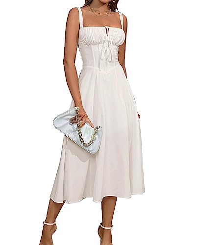 Wedding Guest Dresses for Women Midi Corset Lace Up A Line Dress Solid Flowy Slit Going Out Sundress for Tea Party