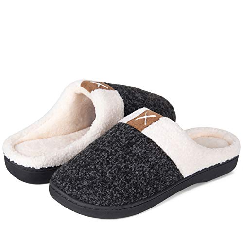 Women's Memory Foam Slippers Comfort Wool-Like Plush Fleece Lined House Shoes for Indoor & Outdoor (Space Black, 40/41)