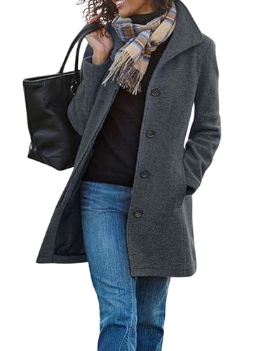 CHARTOU Women's Casual Thicken Wool Blend Stand Collar Single Breasted Pea Coat (Medium, Grey)