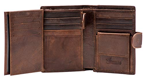 POKOFO Large RFID Genuine Leather Card Holder Trifold Wallet Snap Closure 3 ID Windows for men (Coffee)