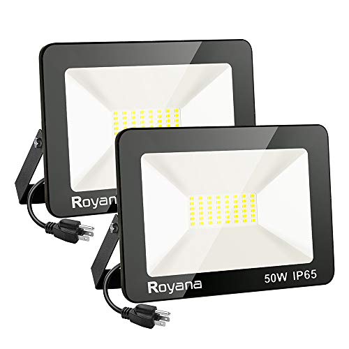 Royana 2pack 50W LED Flood Light Outdoor with Plug, IP65 Waterproof LED Work Light, 6000K 5000LM Super Bright Security Light, Daylight White Portable Floodlight, Spotlight for Yard Garden Court Lawn