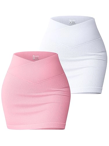 OQQ Women's 2 Piece Skirts Basic Casual Versatile Stretchy High Waist Cross Over Ribbed Mini Skirt White Candypink