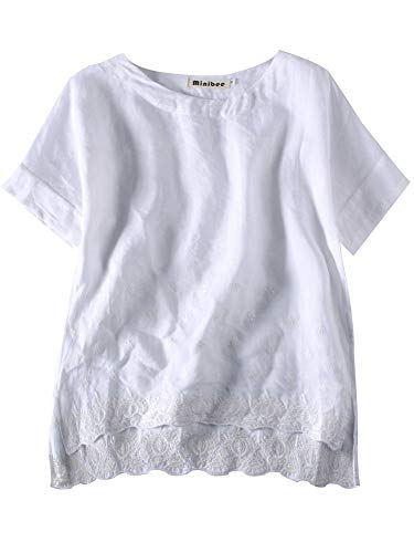 Minibee Women's Summer Linen Tunic Shirt High Low Hem Embroidery Blouse Top White