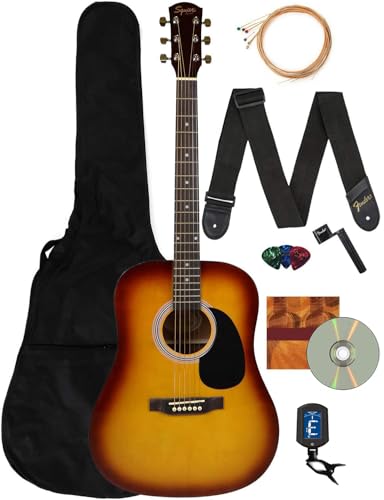 Fender Squier Dreadnought Acoustic Guitar - Sunburst Bundle with Gig Bag, Tuner, Strap, Strings, Winder, Picks, Lessons, and Austin Bazaar Instructional DVD