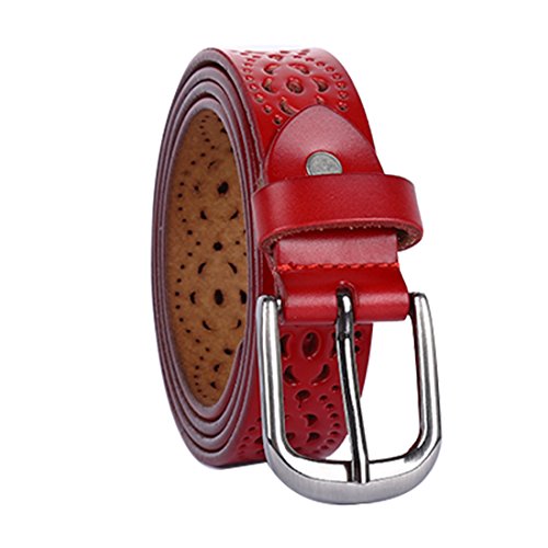 uxcell Women Carved Multi-hole Hollow Alloy Pin Buckle Leather Belt Fit Waist:27-40inches Red-flowers
