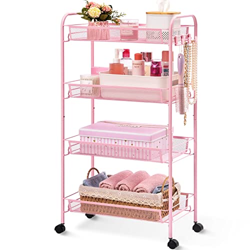 TOOLF 4-Tier Rolling Cart, Metal Utility Cart with 3 Hooks, Easy Assemble Mobile Storage Trolley On Wheels, Metal Shelving Units Kitchen Bathroom Laundry Room