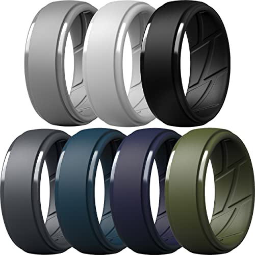 ThunderFit Silicone Ring Men, Breathable with Air Flow Grooves - 10mm Wide - 2.5mm Thick (Light Grey, Dark Grey, Navy Blue, Grey, Olive Green, Dark Blue, Black - Size 8.5-9(18.9mm))