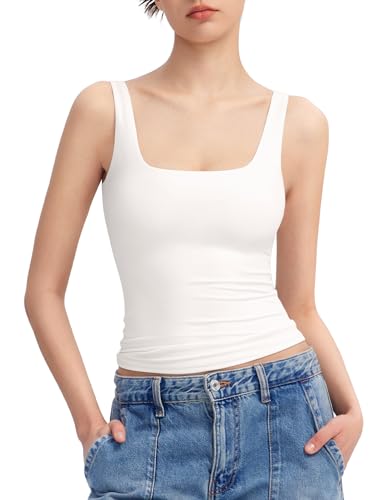 PUMIEY White Tank Tops for Women Square Neck Sleeveless Summer Tops, Splashed White Large