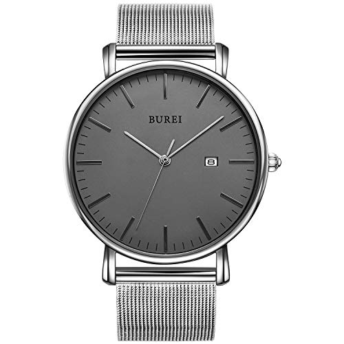 BUREI Men's Fashion Minimalist Wrist Watch Analog Deep Gray Date with Silver Stainless Steel Mesh Band (Gray Silver)