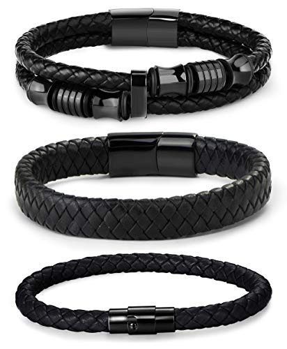 FIBO STEEL 3 PCS Stainless Steel Clasp Leather Bracelets for Men Wrap Braided Leather Bracelets Wrist Cuff Bangle 8.5 Inch