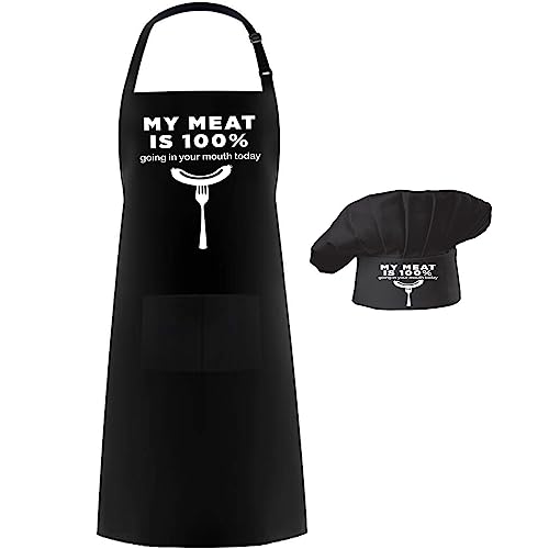Hyzrz Chef Apron Hat Set,Adjustable Chef Hat and Apron Baker Costume with Pocket for Kitchen Grill BBQ Fathers Mothers Gift (My Meat is 100%, Black)
