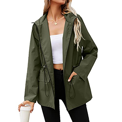 Women's Plus- Size Green Waterproof Raincoat Lightweight Rain Jacket Hooded Windbreaker with Pockets for Outdoor Climb Hiking Fish