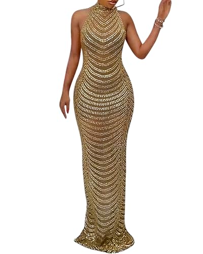 PORRCEY Women's Sexy Hot Drilling Craft Dress Bodycon Party Club Night Out Dress(5259,Gold,S)