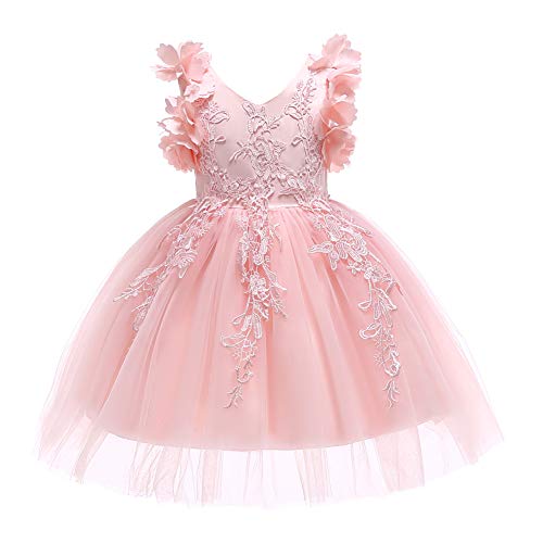 Weileenice Peach Big Girl Sleeveless Lace Dress Kids Formal Elegant Prom Pageant Ball Gown Pink Flower Girls Princess Dresses for Wedding Party Holiday Photo Shoot Evening 5 6 Daddy Daughter Dance