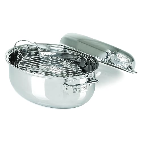 Viking Culinary 3-Ply Stainless Steel Oval Roasting Pan, 8.5 Quart, Includes Metal Induction Lid & Rack, Dishwasher, Oven Safe, Works on All Cooktops including Induction