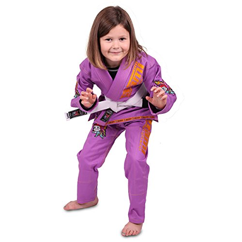Tatami Fightwear Meerkatsu Kids Animal Jiu Jitsu Gi, 425GSM Jacket, Twill BJJ Pants, and White Belt, Purple, M0000