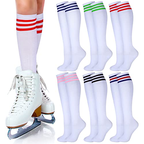 Unittype 6 Pair Knee High Socks for Women Long Tube Striped Socks Roller Skate Socks for Girls Youth Christmas(Fresh Colors, Striped Style)
