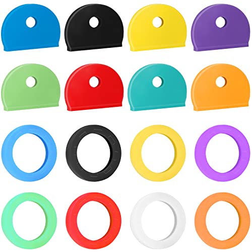 Vibit 16 Pack Key Cap Tags Set in 8 Assorted Colors Plastic Key Identifier Coding Label Covers for Standard Flat House Keys (Not Suitable for Odd-Shaped Keys), 2 Styles