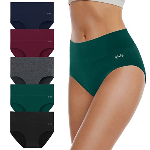 coskefy Women's High Waisted Cotton Underwear Soft Breathable Panties Stretch Briefs 5 Pack Multicolor