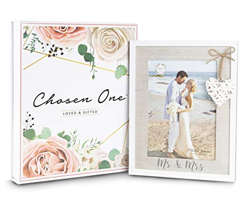 Mr & Mrs 5x7 Picture Frame by Chosen One – Rustic White Picture Frames with Heart Accent – Bridal Shower Gifts, Engagement Frame and Wedding Gifts for the Couple – Beach Style Wooden Picture Frame