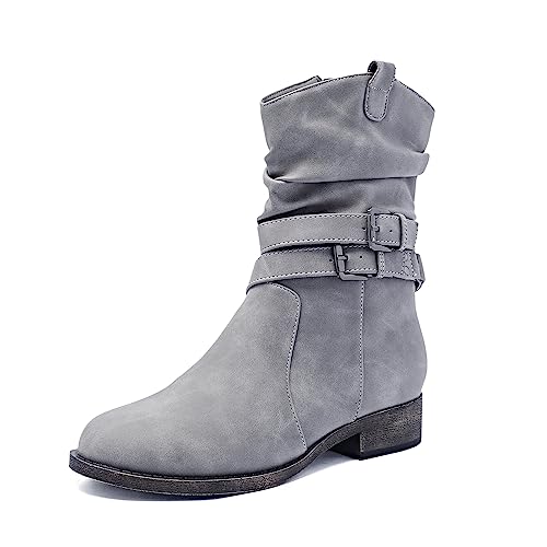 Ataiwee Women's Mid Calf Booties, Cowgirl Thick Heel Side Zip Boots.(2304002,GR/PU,8)