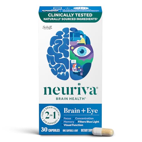 NEURIVA Brain + Eye Supplement for Memory, Focus & Concentration with Lutein & Vitamins A C E and Zinc for Eye Health & Zeaxanthin to Filter Blue Light, 30ct Capsules