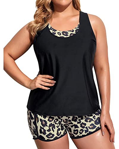 Holipick Women Leopard Plus Size 3 Piece Tankini Swimsuits Athletic Bathing Suits with Boy Shorts Tank Top with Sports Bra 14W