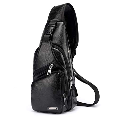 Lucien Hanna Men's Leather Sling Bag Multipurpose Daypack Shoulder Chest Crossbody Bag Black One Size