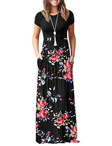 AUSELILY Women's Short Sleeve Printed Print Floral Pleated Dress Loose Maxi Dresses Casual Long Dresses with Pockets(S,Rose Black)