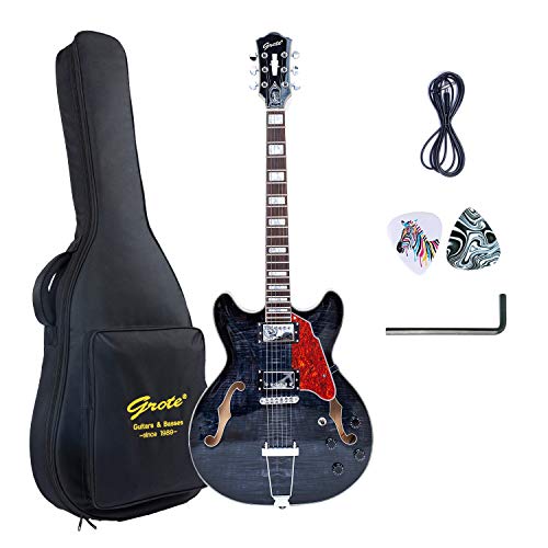 GROTE Jazz Electric Guitar Semi-Hollow Body Trapeze Tailpiece Bridge Guitar Gig Bag (Black)