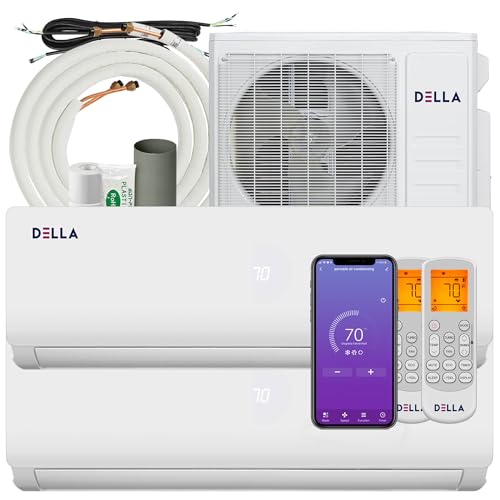 DELLA 18K BTU ODU 2 Dual Zone 12000 12000 BTU 19 SEER2 208-230V Cools Up to 1100 Sq.Ft Wifi Multi Zone Ductless Pre-Charged Mini Split Air Conditioner Heat Pump Full Set with 16ft Installation Kits